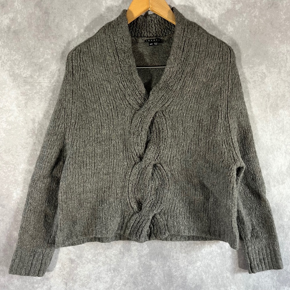 Theory Cardigan Women M Grey Alpaca Wool Blend Vivini Brushed Curls Cable Knit